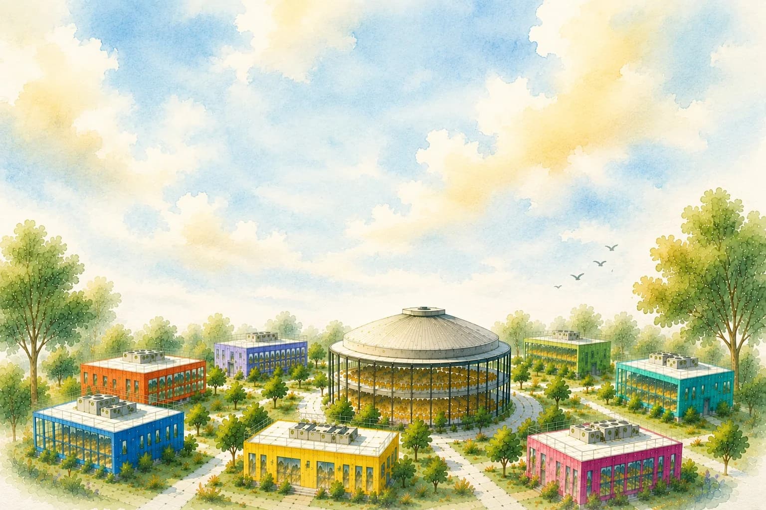 Render del campus de Calasanz en Rincón de Milberg, Tigre: edificios de colores rodeados de árboles, con el domo central.
